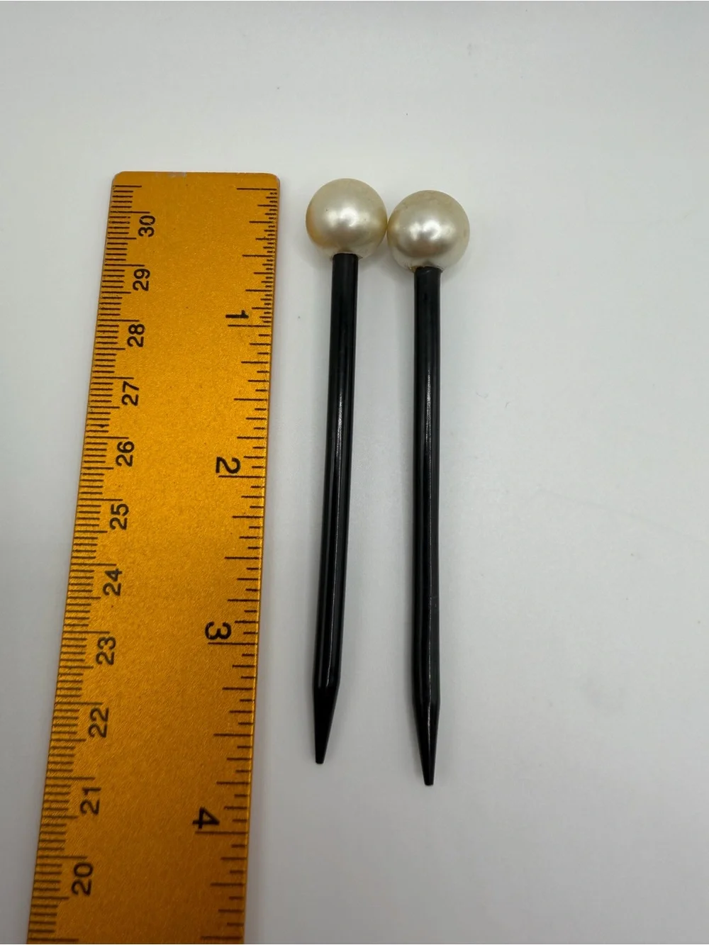 2 Vtg Art Deco Hair Stick French Black Celluloid Faux Pearl Round Top Bun Pin